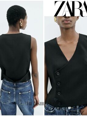 Zara Black Double-Breasted Sleeveless Vest
